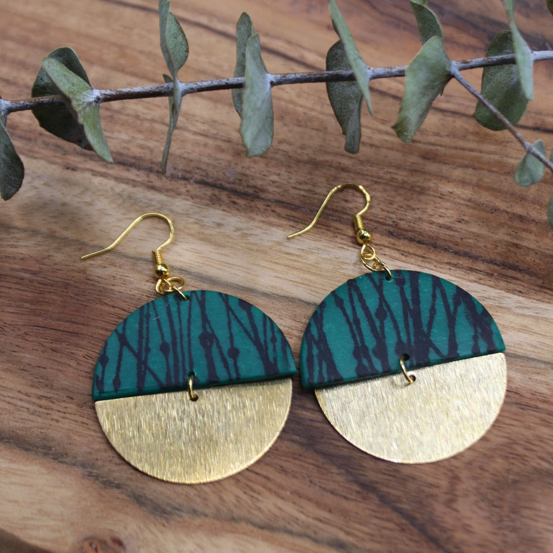 Forest Green Semi Circle Brass Earrings