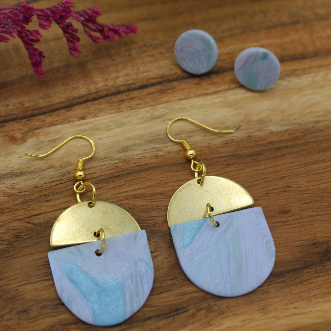 Marble Semi Circle Brass Earrings